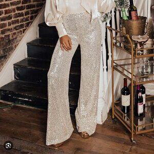 Lulus Women Sequin Pants XS Silver Beige lined Wide Straight Leg Sparkle High